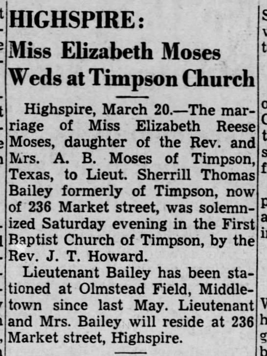 Sherrill Bailey Wedding
Harrisburg Telegraph March 20, 1942