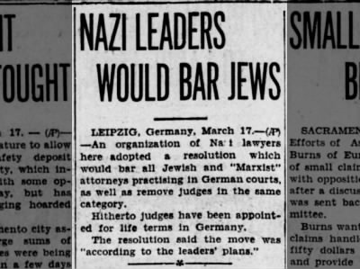 NAZI LEADERS WOULD BAR JEWS