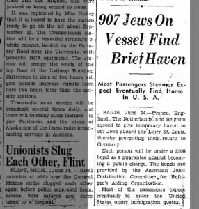 907 Jews On Vessel Find Brief Haven